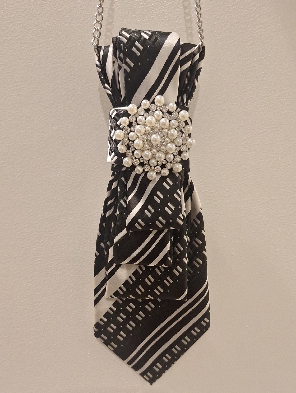 St. Patrick Striped Necktie Necklace with Rhinestone Brooch